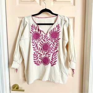 Vintage Cream Peasant Top with Pink Embroidery
